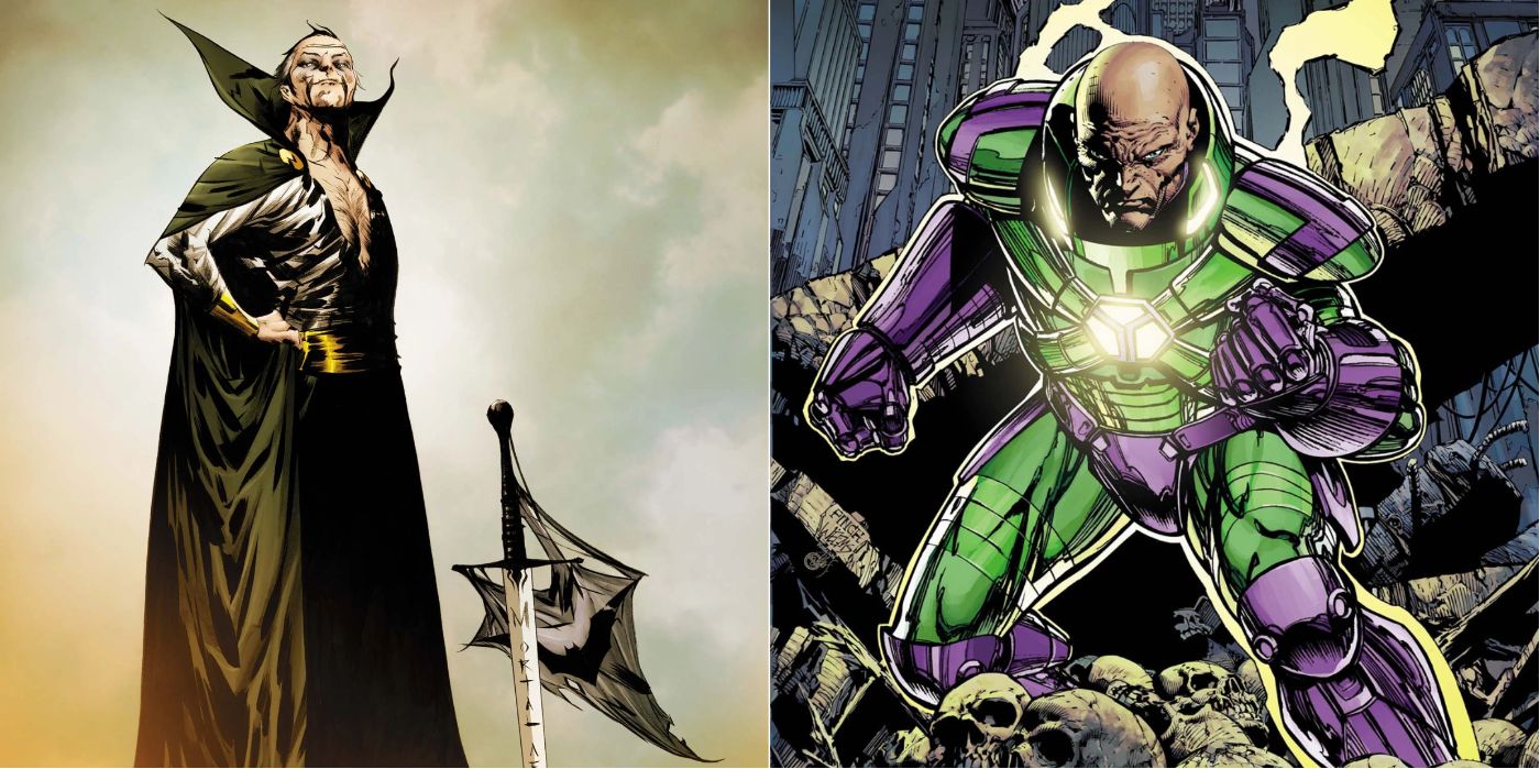 A split image of DC's Ra's Al Ghul and Lex Luthor, both posing arrogantly