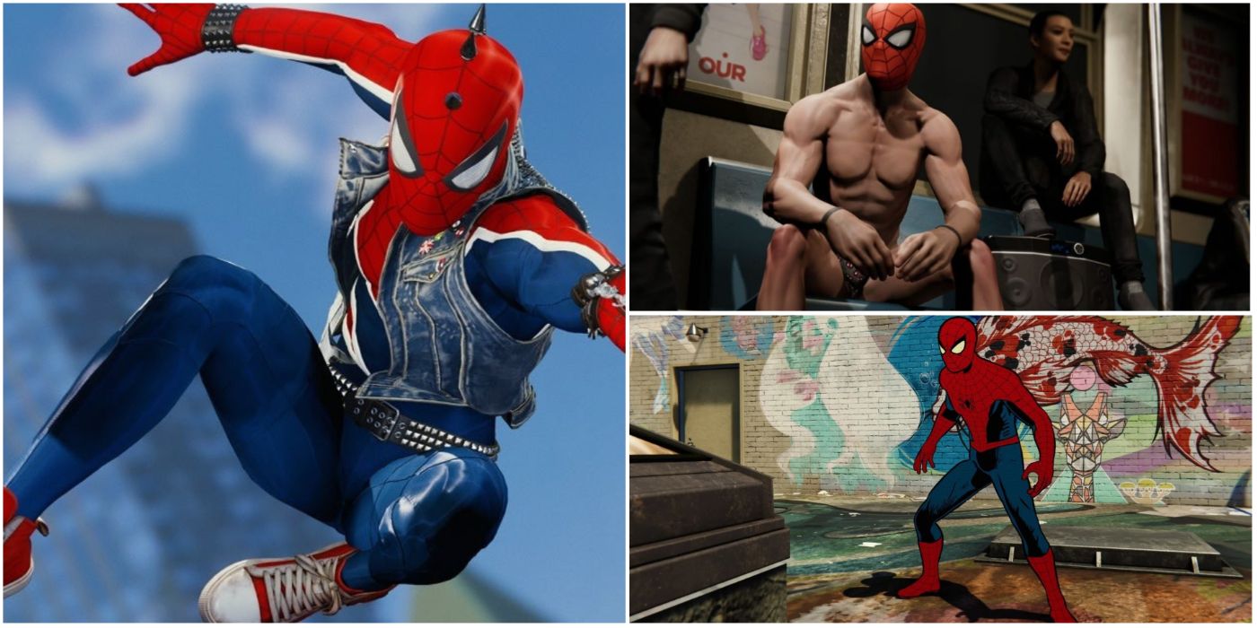 Spider-Man wearing several suits from Spider-Man PS4 in a collage