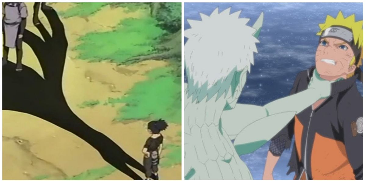 A split image depicts Shikamaru using shadow jutsu and Obito grabbing Naruto in Naruto.