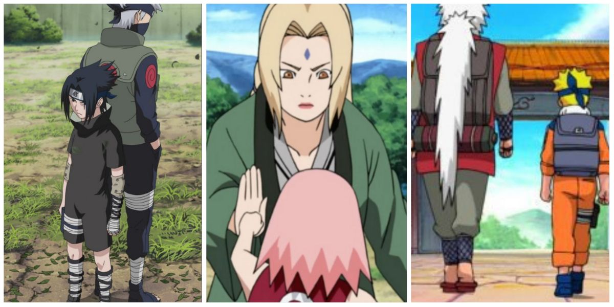 A split image depicts Kakashi with Sasuke, Tsunade with Sakura, and Jiraiya with Naruto in Naruto.