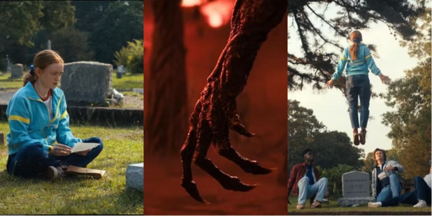 Season four of stranger things images of max in a graveyard and the hand of vecna