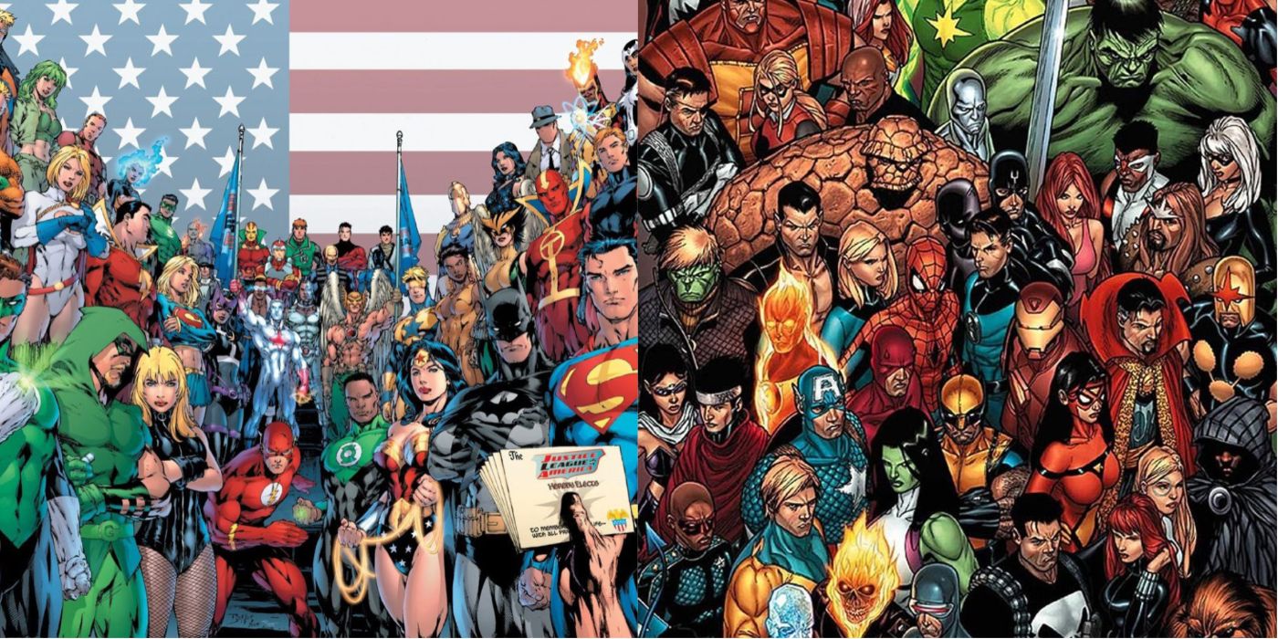 A split image showcasing the heroes of DC and Marvel