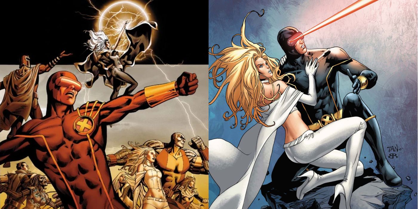 A split image of Cyclops leading the Extinction Team and Cyclops with Emma Frost