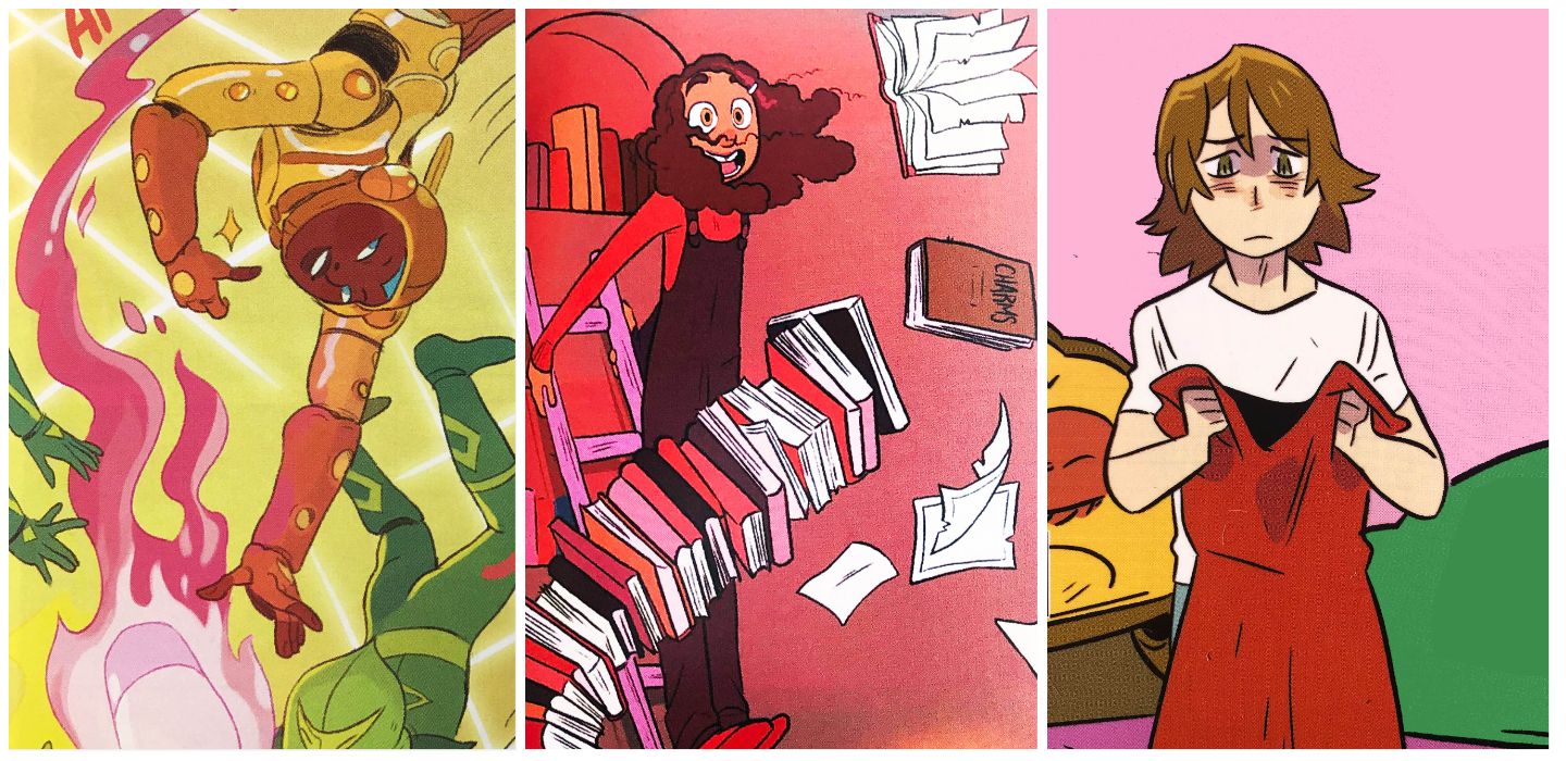 Characters from the kids' graphic novels 5 worlds, the okay witch, and Girl Haven