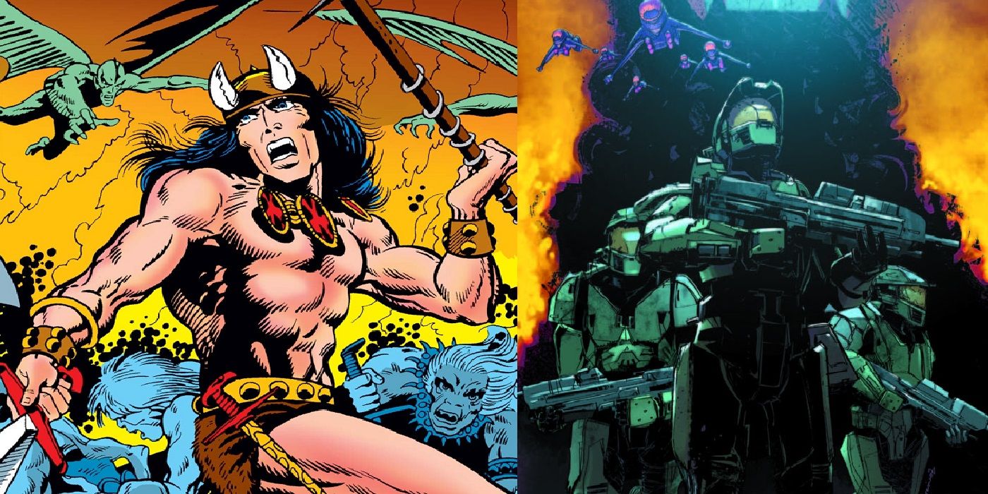 Article: Best Comics based on novels. Image: Conan the Barbarian and Halo comic screenshots side-by-side