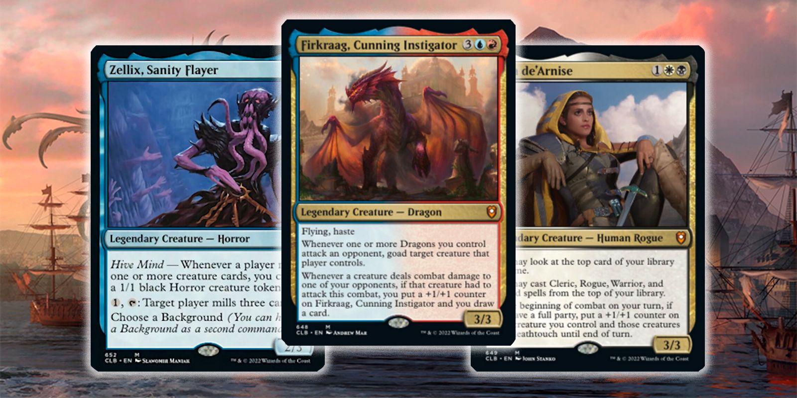 Three Magic: the Gathering cards -- Zelix, Sanity Flayer, Firkraag, Cunning Instigator and Nalia de'Arnise