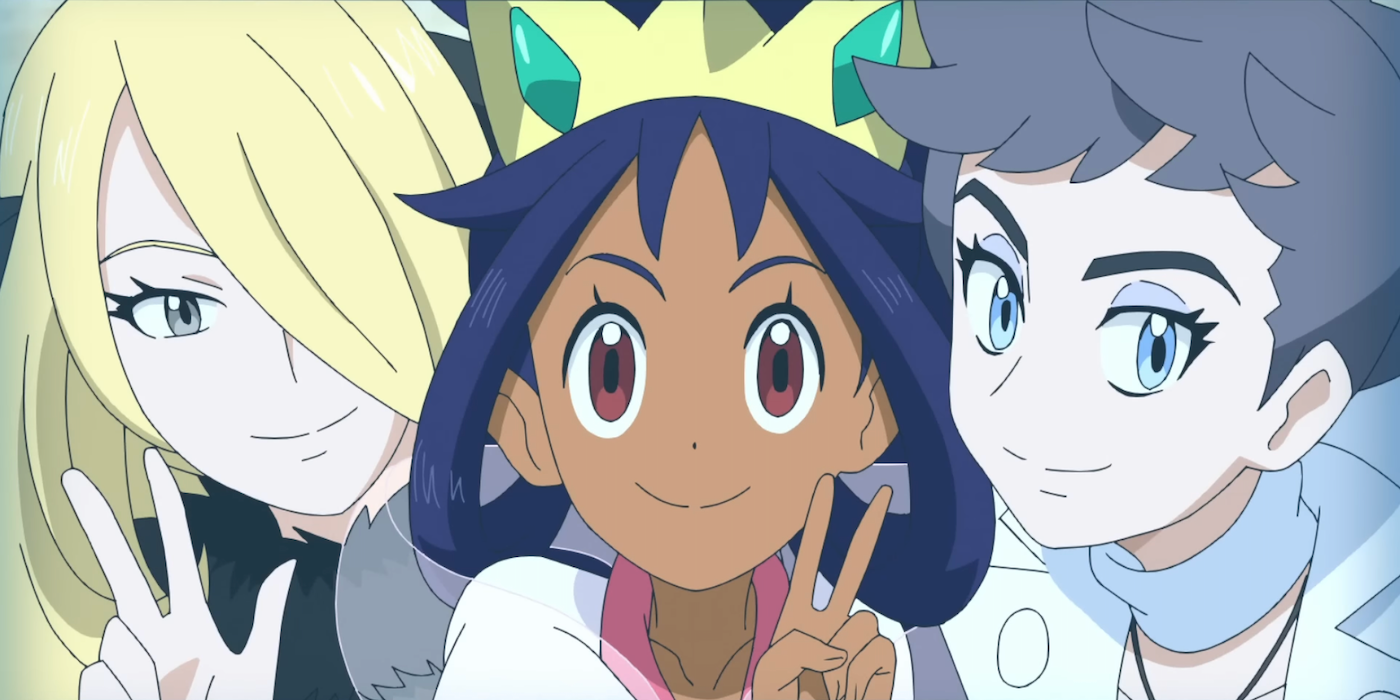 Cynthia, Iris, and Diantha pose for a selfie in Pokémon Journeys