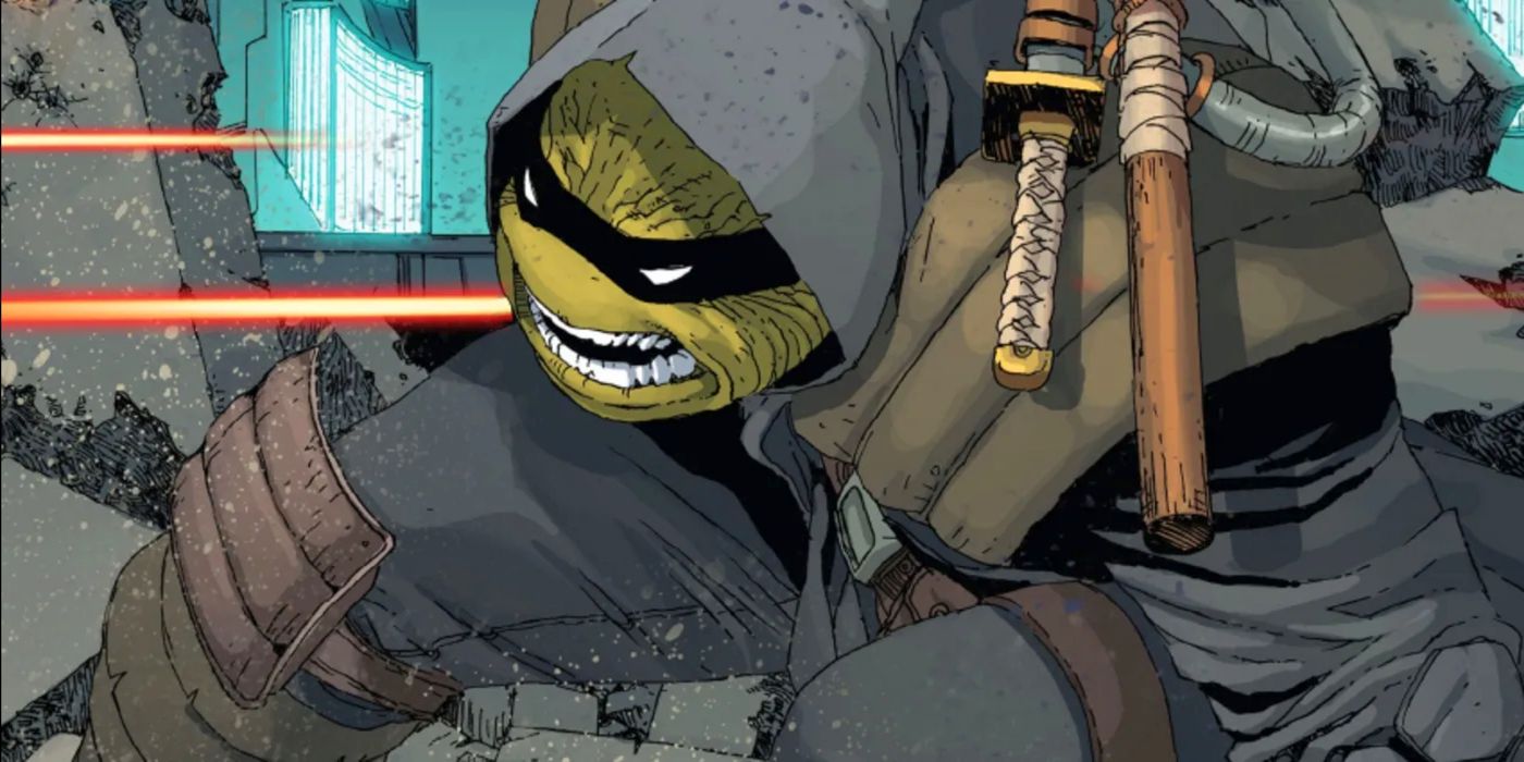 TMNT: The Last Ronin #1 Michelangelo side profile battles Foot Clan robot lasers.