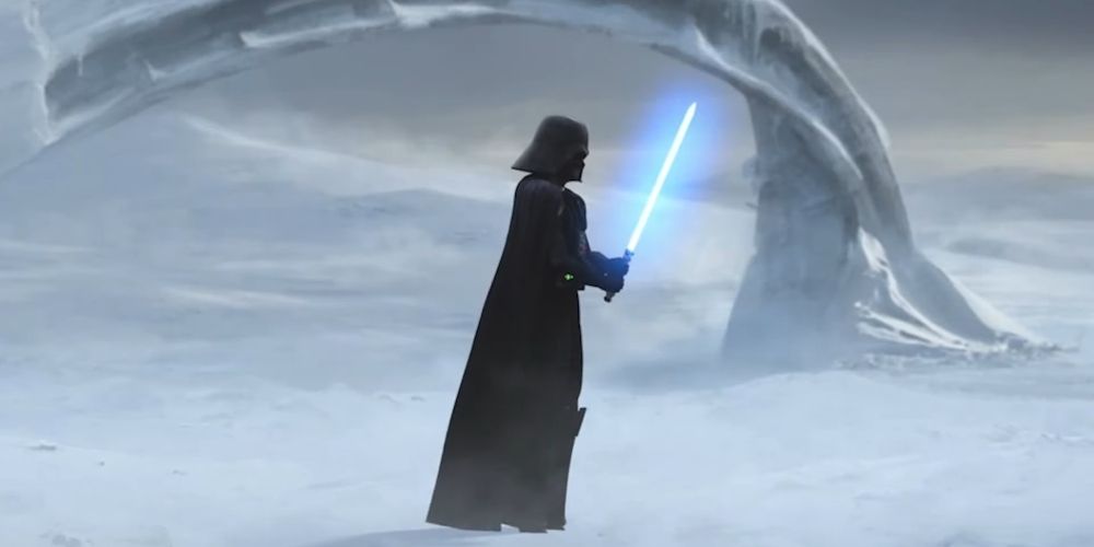 Darth Vader holding Ahsoka's lightsaber in 'Victory and Death', the final episode of Star Wars: The Clone Wars