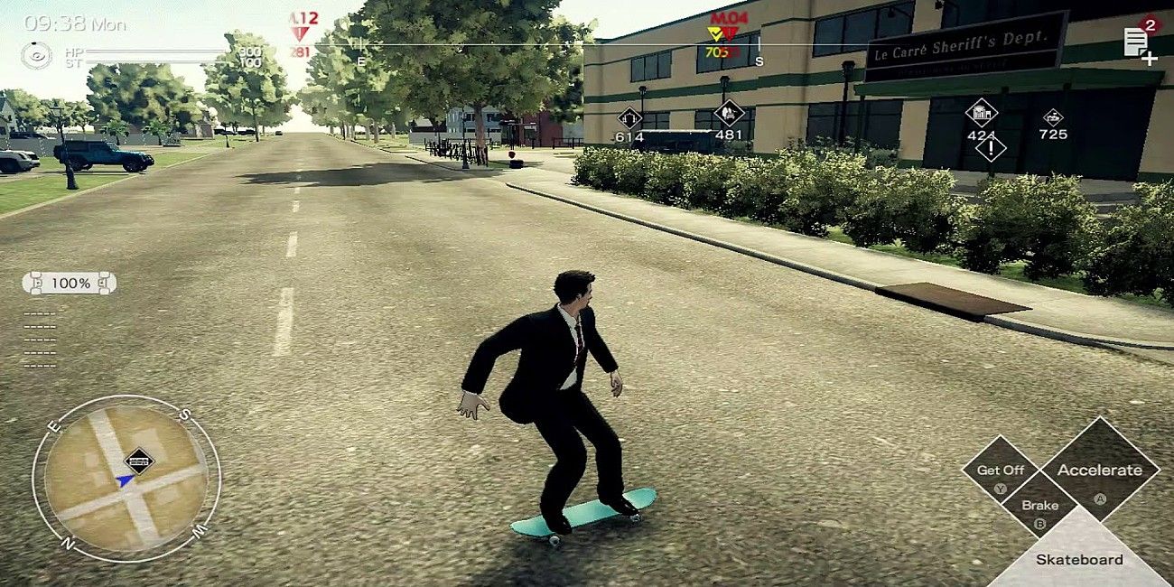 Screenshot depicting detective Francis York Morgan riding a skateboard near Le Carré Sheriff's department, as seen in Deadly Premonition 2: A Blessing in Disguise.
