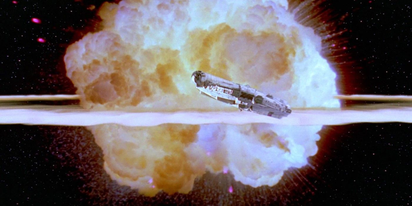 The second Death Star explodes as the Millennium Falcon flies away.