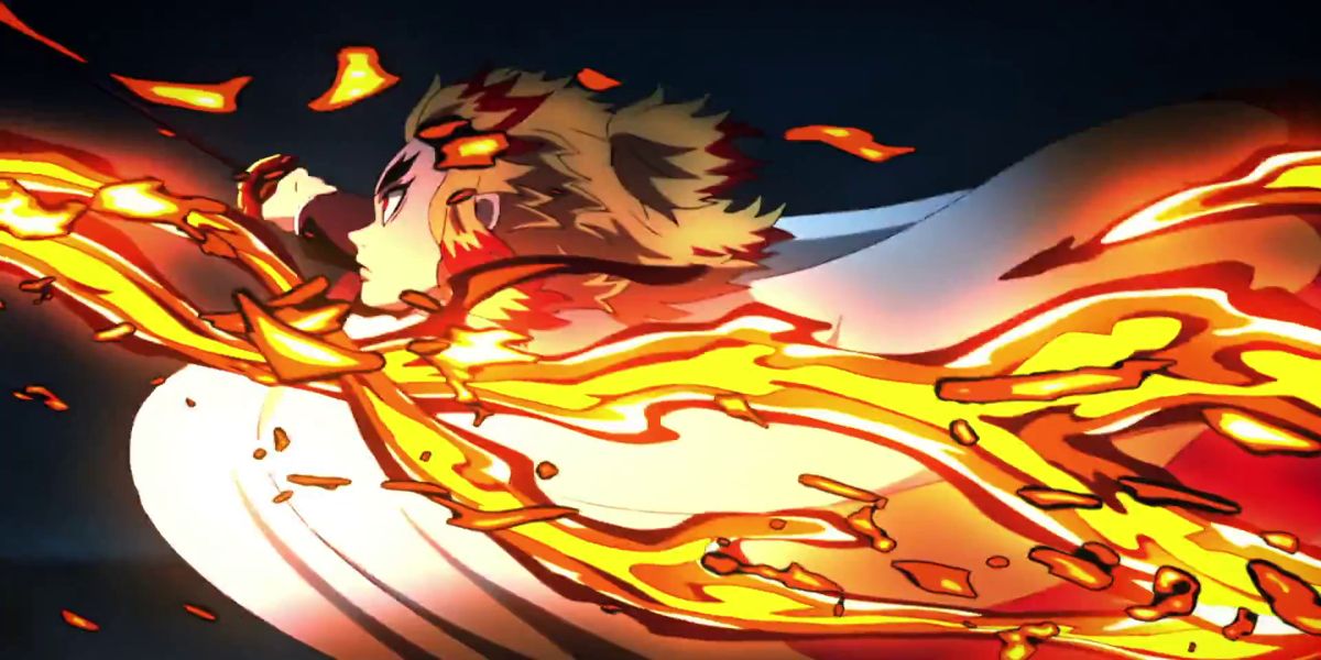 Demon Slayer - Rengoku performing a flaming strike