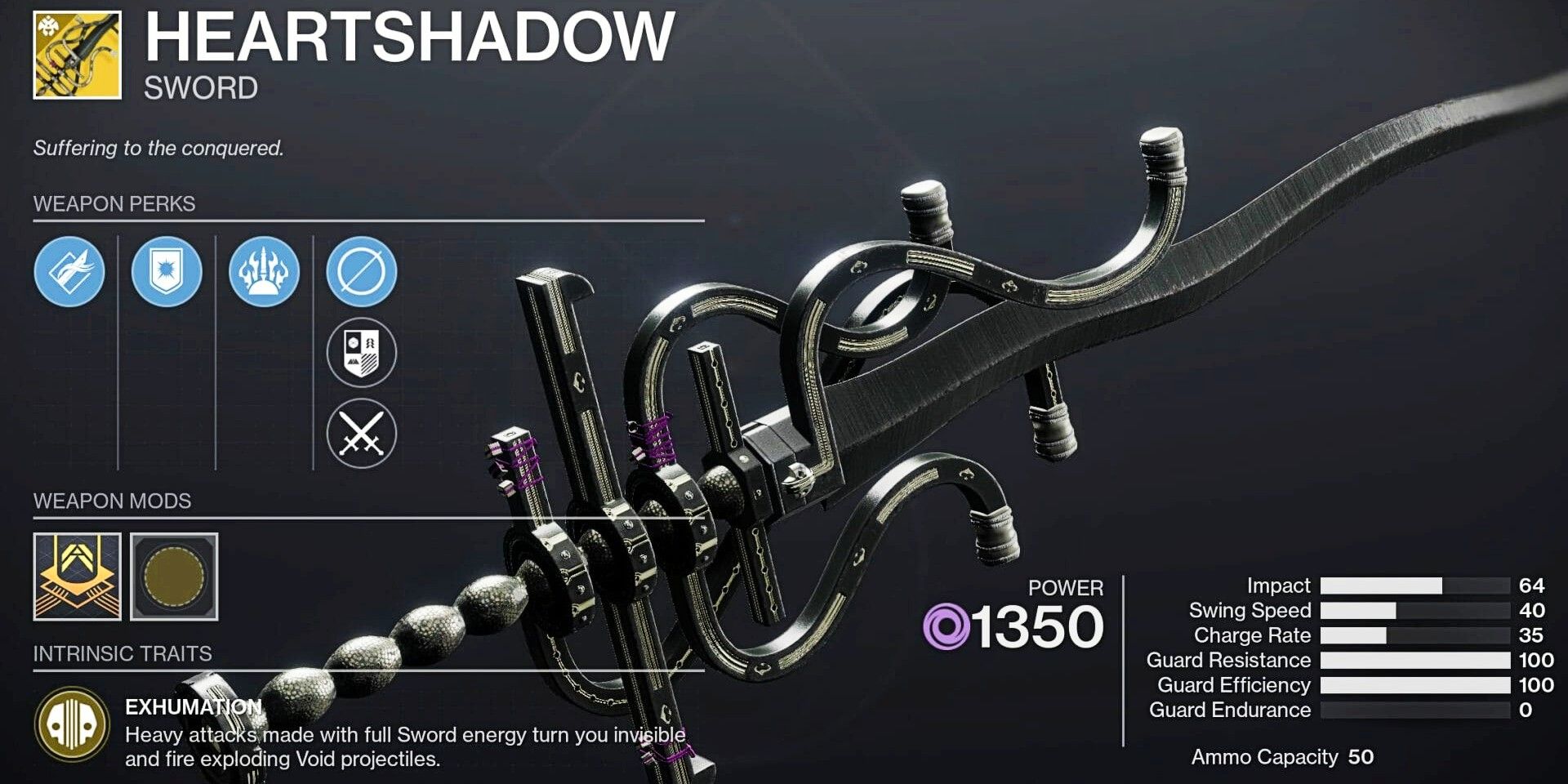 Screenshot of Heart Shadow's details, as seen in Destiny 2's Season of the Haunted.