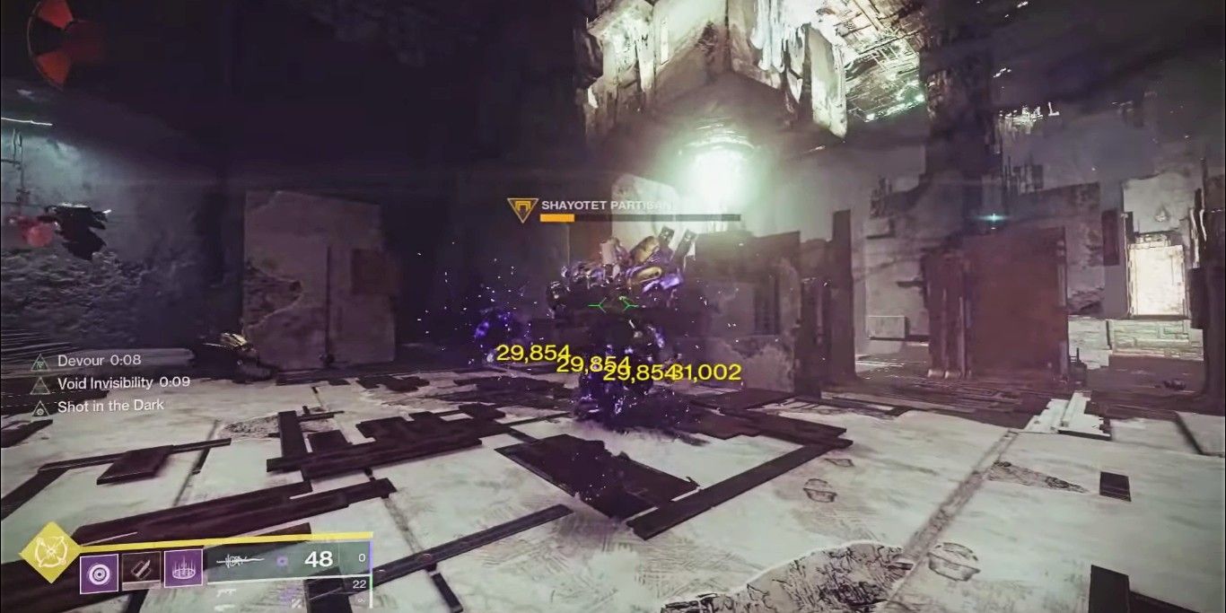 Screenshot depicting a Void player turning invisible with the help of the Heart Shadow Sword and firing four projectiles at an enemy, as seen in Destiny 2.