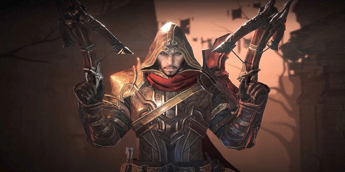 An image of the Demon Hunter Class in Diablo Immortal holding weapons.