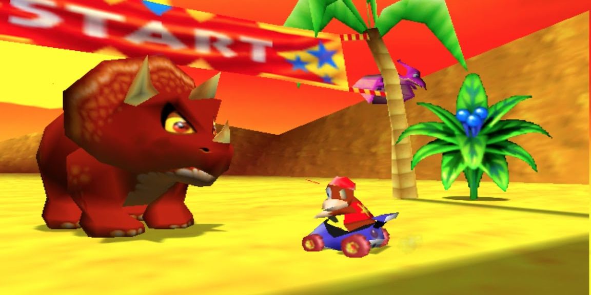 Diddy approaches Tricky boss in Diddy Kong Racing