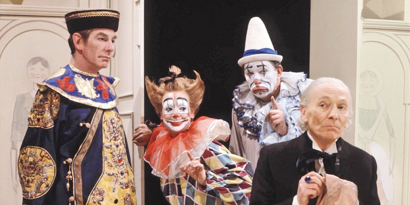 The Celestial Toymaker stands alongside the First Doctor and clowns in Doctor Who