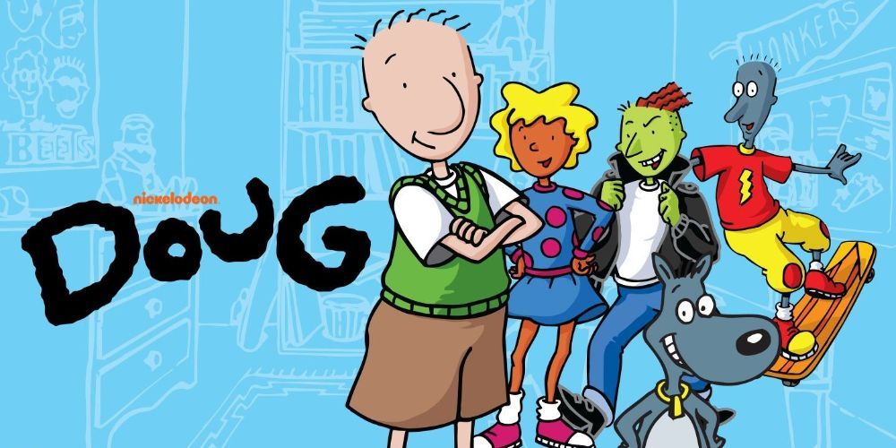 The cast of Nickelodeon's Doug posing in front of a background styled like a blueprint of Doug's room