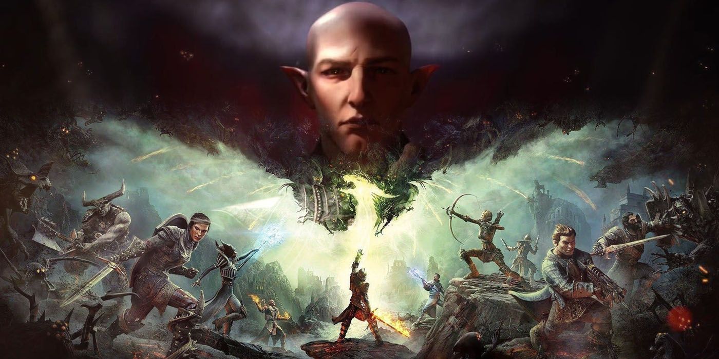 Dragon Age Inquisition keyart underneath an image of Solas, the Dreadwolf