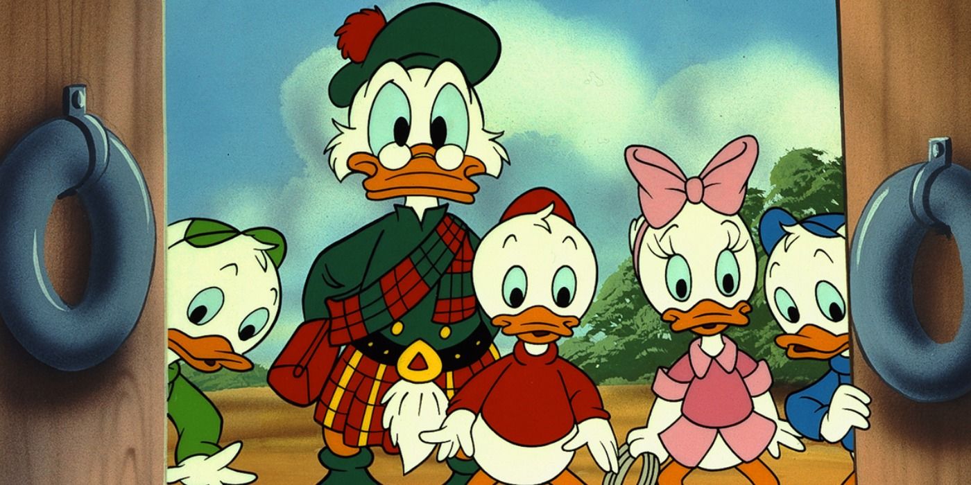 Scrooge McDuck หลานชายของเขา Huey, Duey และ Louie และ Webby Vanderquack ในฉากจากซีรีส์อนิเมชั่น DuckTales ดั้งเดิม