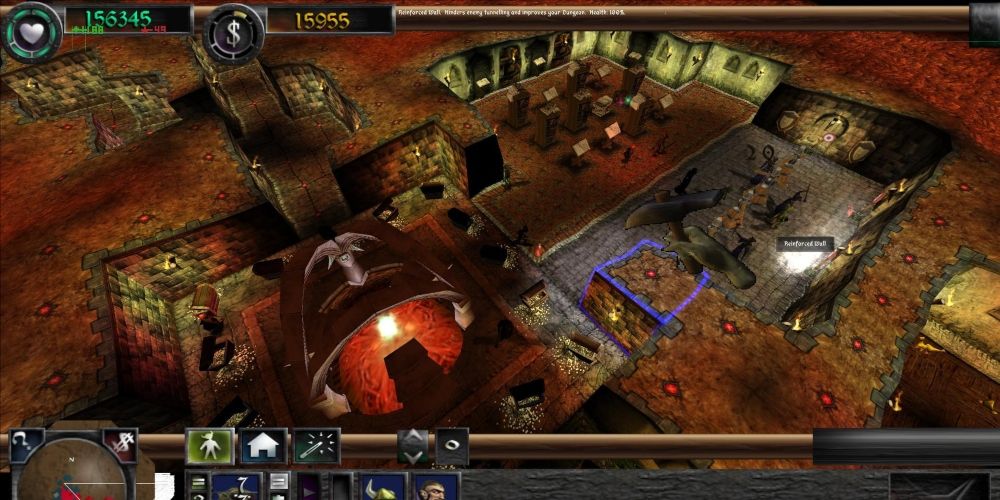A top-down view of a dungeon in Dungeon Keeper 2 game