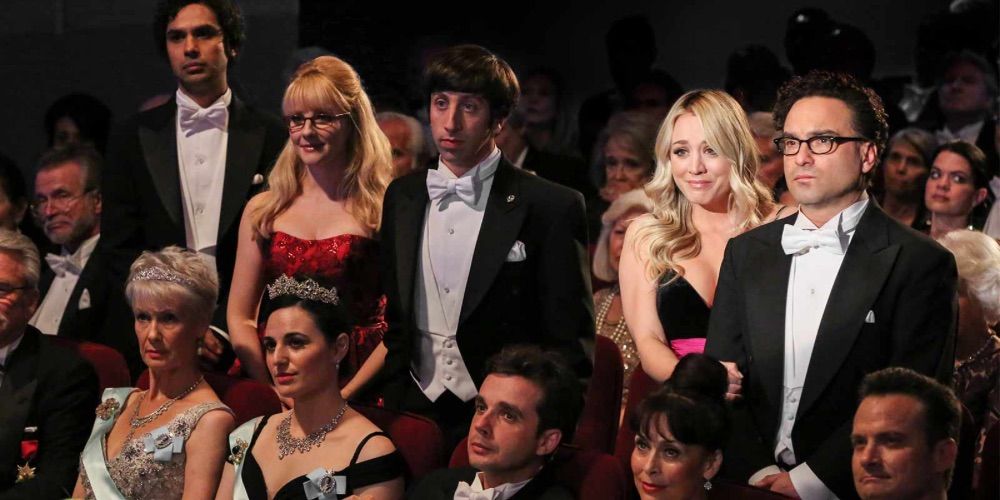 Raj, Bernadette, Howard, Penny, and Leonard at Amy and Sheldon’s award in The Big Bang Theory
