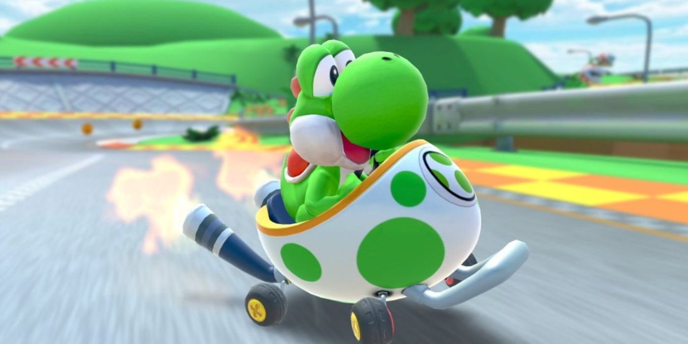 Yoshi in Mario Kart driving an Egg Kart