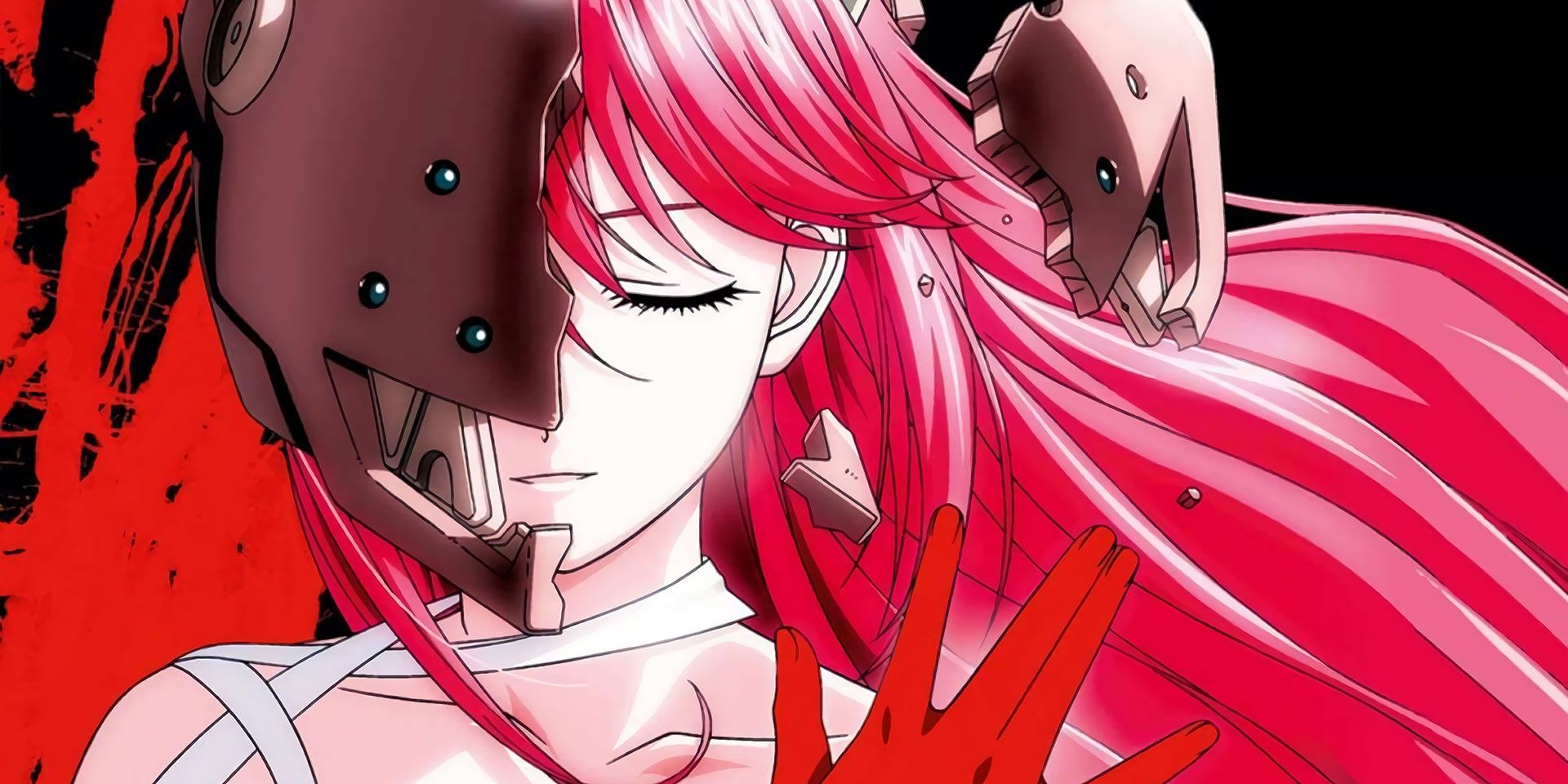 Elfen Lied anime, image of Lucy wearing a borken helmet and blood on her hand