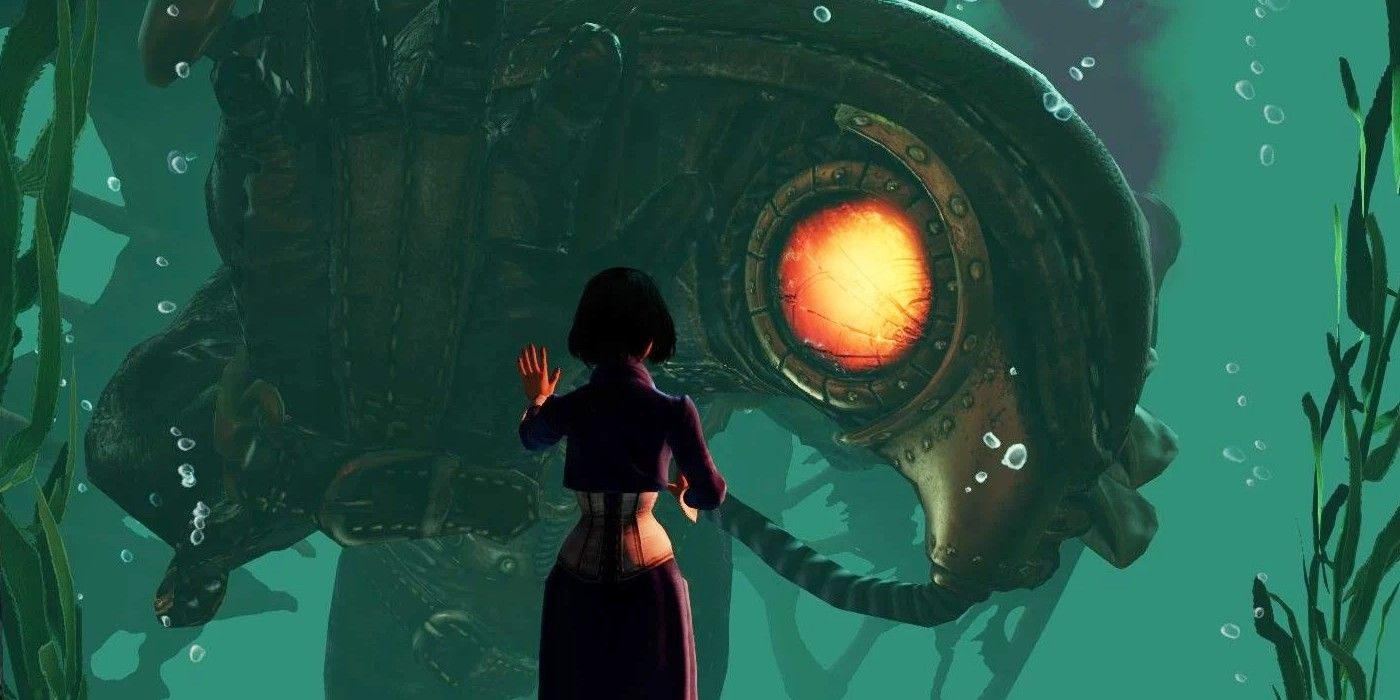 Elizabeth comforts the dying Songbird in BioShock Infinite.