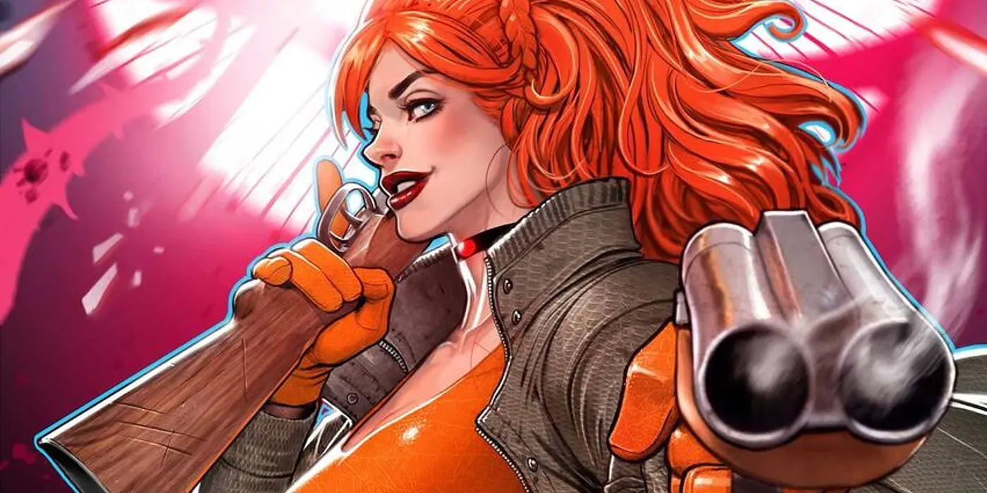 Elsa Bloodstone aims a sawed-off shotgun at the reader while resting a rifle on her shoulder