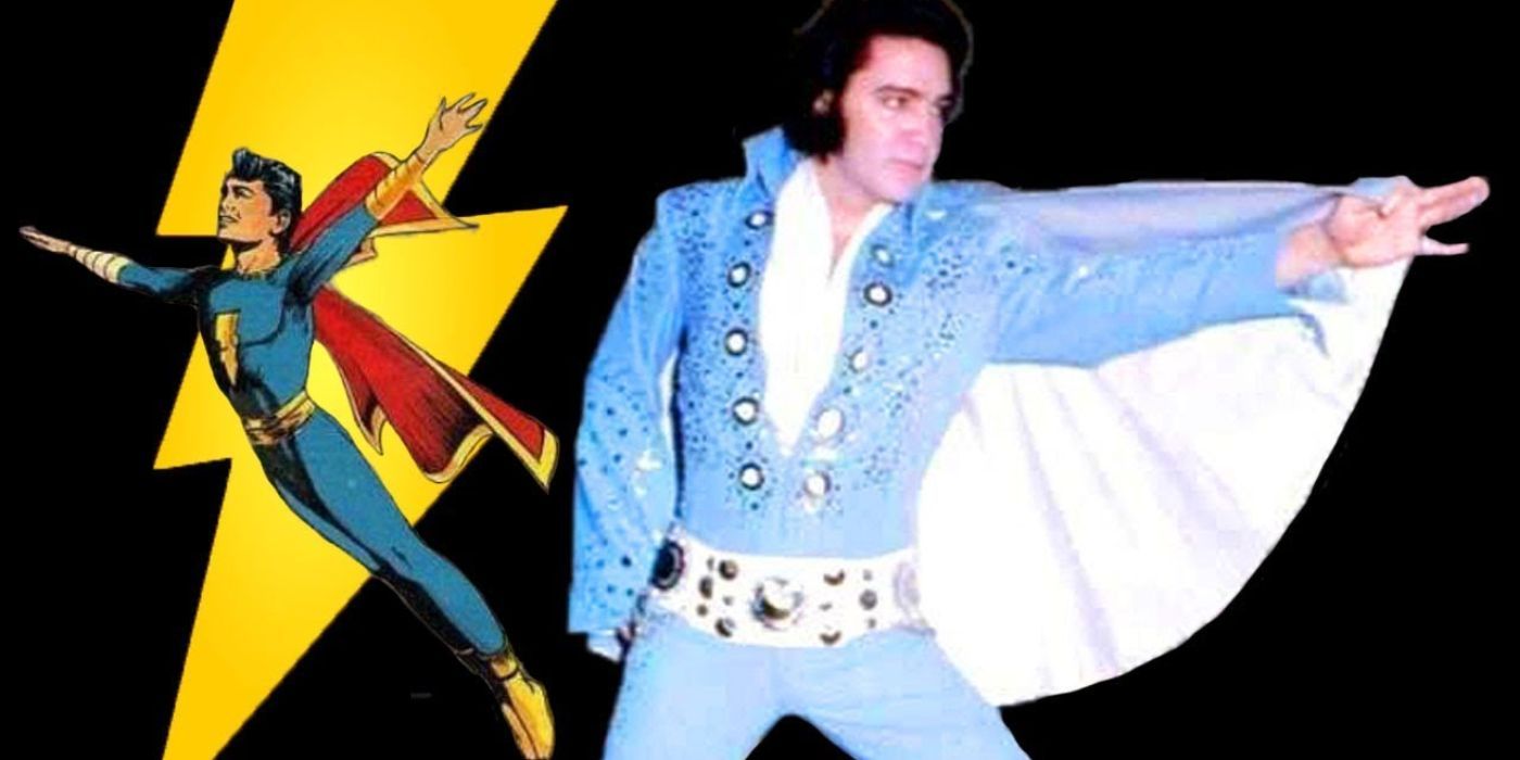 Elvis Presley posing next to a comics image of Captain Marvel Jr. 