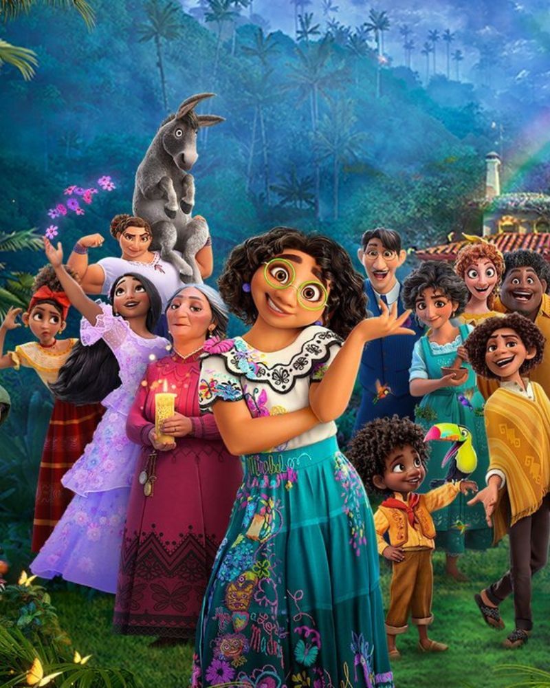 The Family Madrigal, with Mirabel at the center, poses on the official Encanto poster