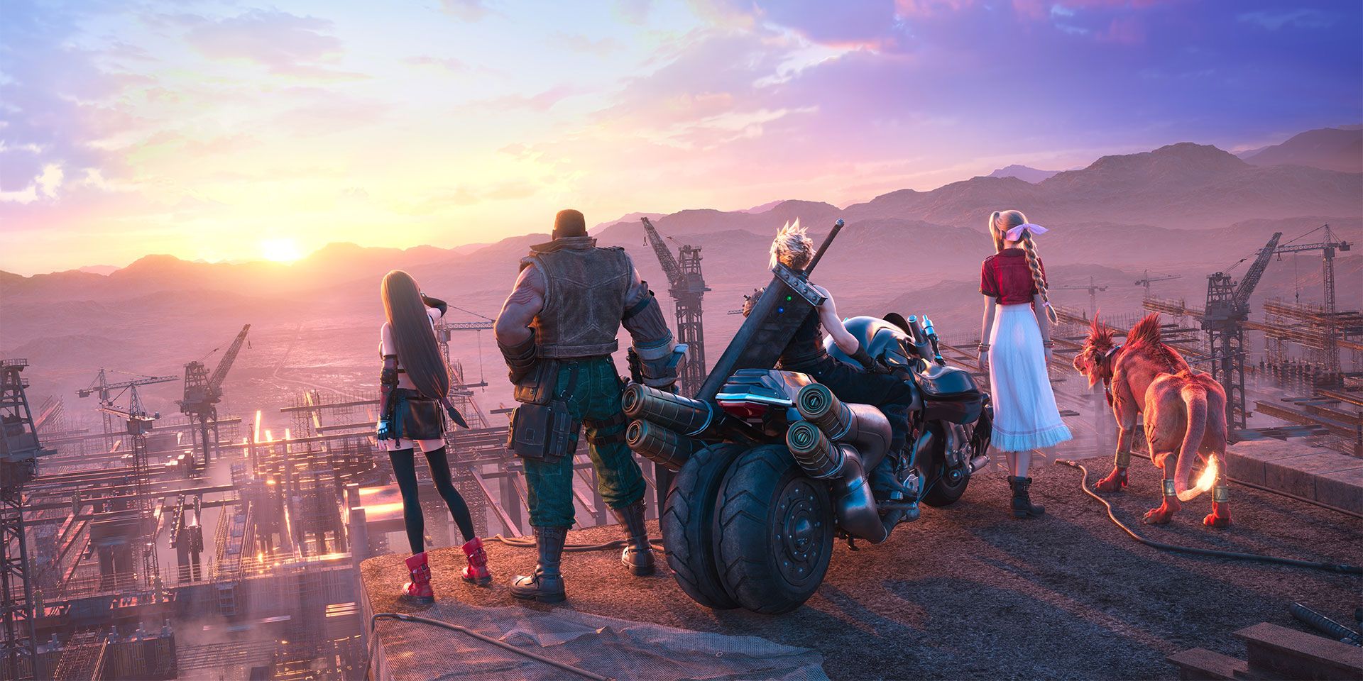 Tifa, Barret, Cloud, Aerith, and Red XIII gaze upon the open world during the ending of the Final Fantasy VII Remake.
