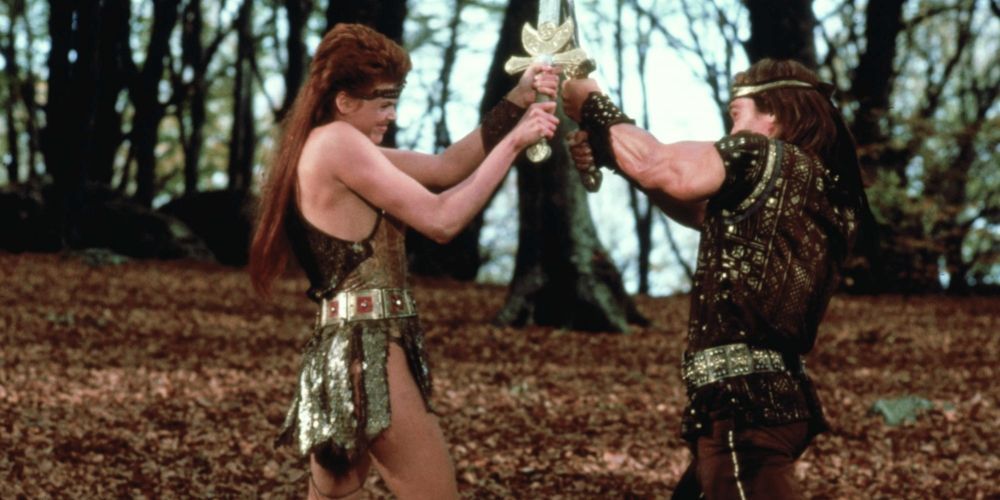 Two characters battle with swords in Red Sonja
