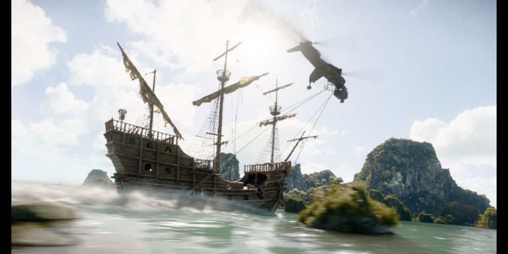 A helicopter about to lift a ship in Uncharted