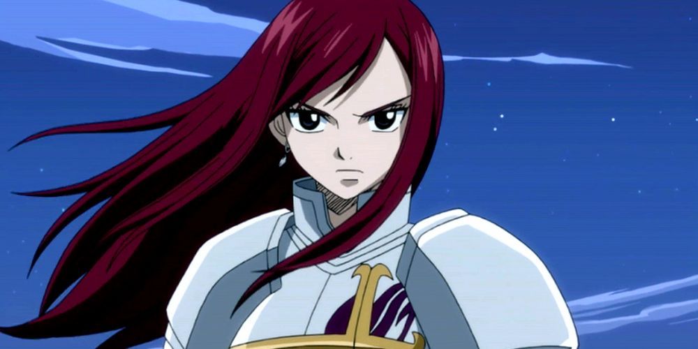 Erza Scarlet with neutral face wearing her original armor in Fairy Tail