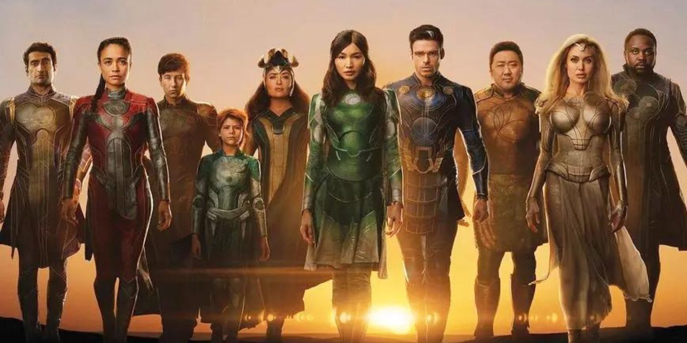 Eternals movie poster featuring Sersi, Ikaris, Ajak, and more