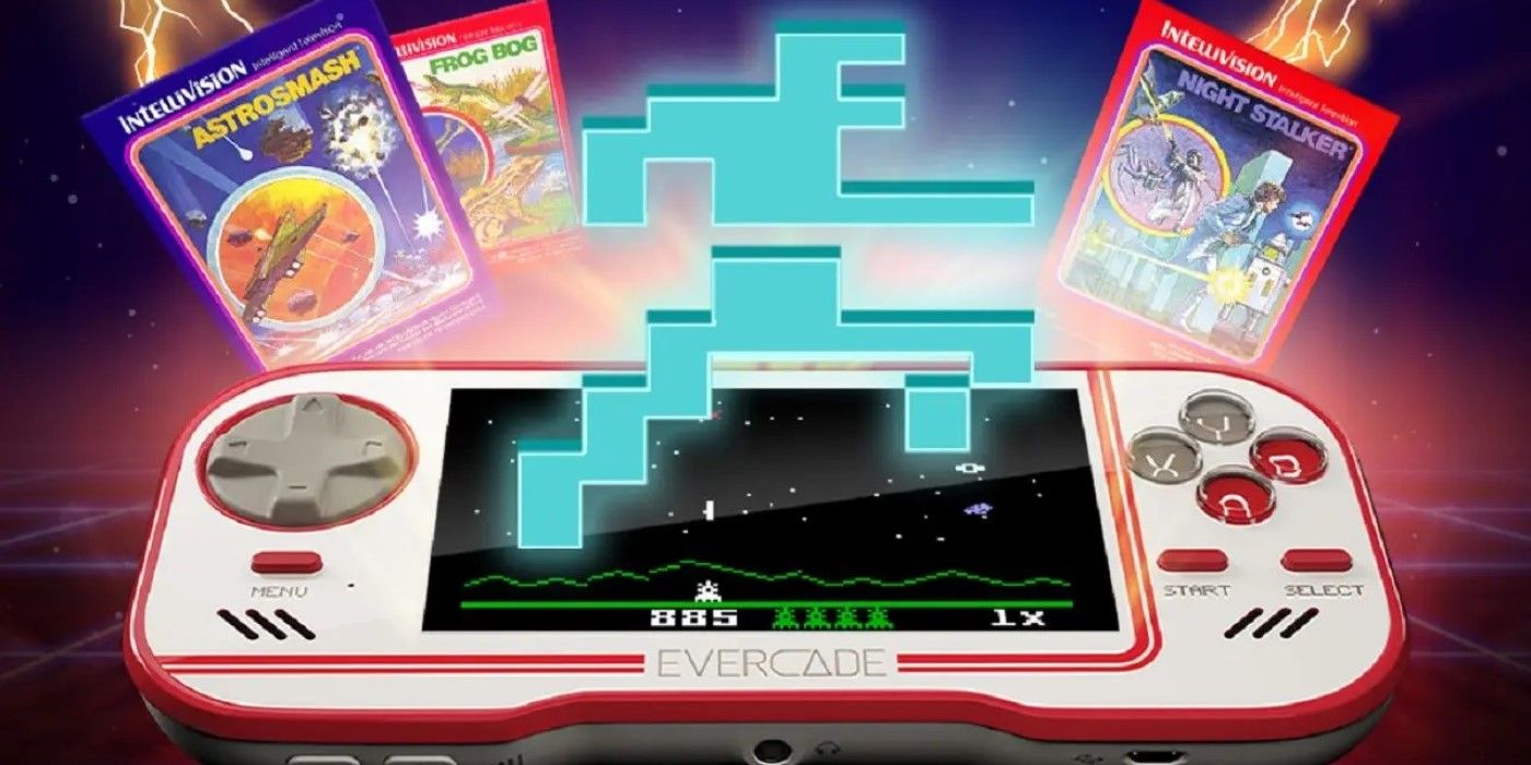 Image of the Blaze Evercade console surrounded by games from the Intellivision