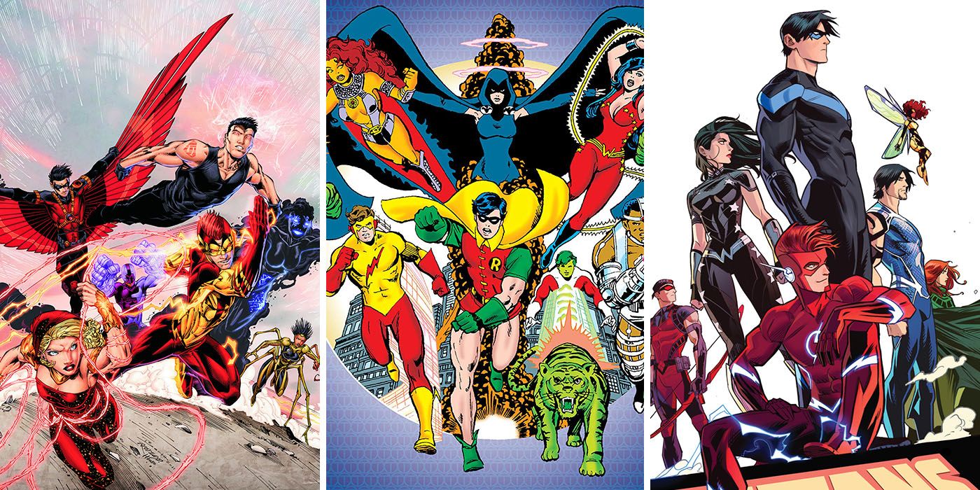 A split image of versions of the Teen Titans from the 2010s, '80s, and '90s.