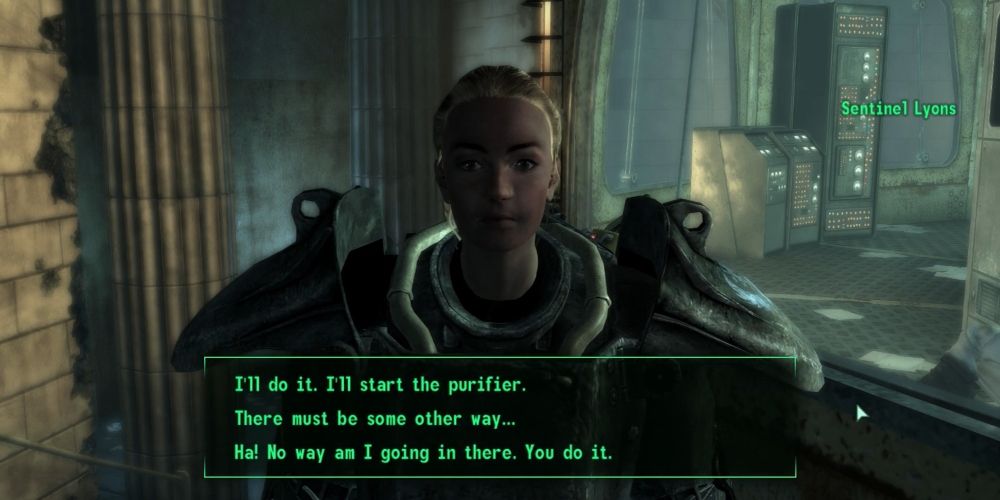 The Lone Wanderer agrees to activate Project Purity at the cost of their own life in Fallout 3.