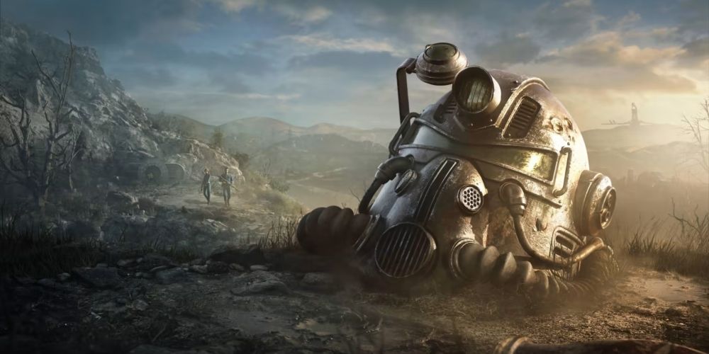 A discarded power armour helmet in the Fallout series