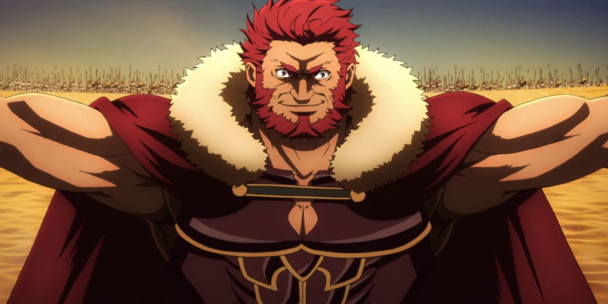 Iskandar standing with his arms spread out and his army behind him in Fate/Zero.