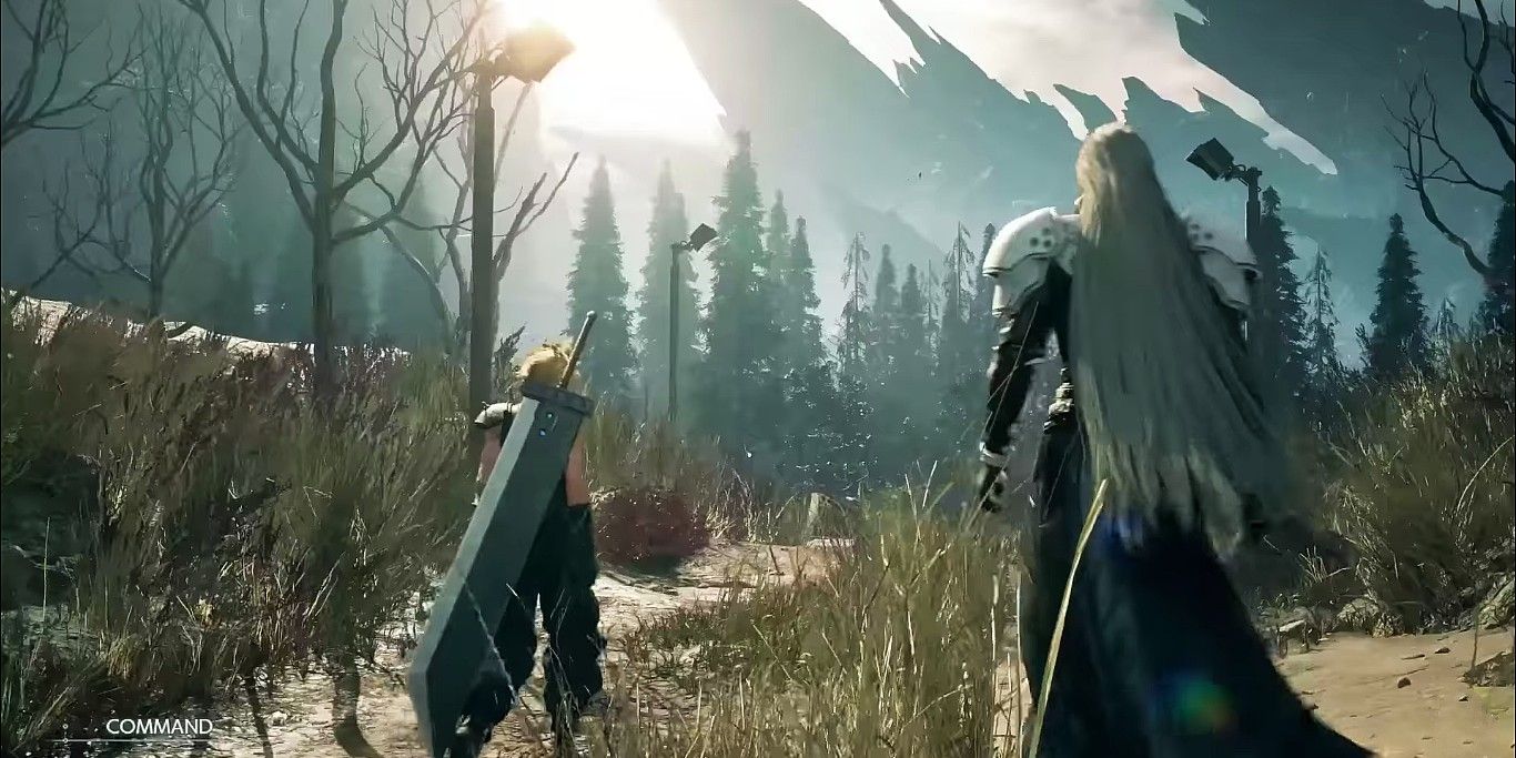 Captura de pantalla que muestra a Cloud y Sephiroth, como se ve en el avance de Final Fantasy VII Rebirth.