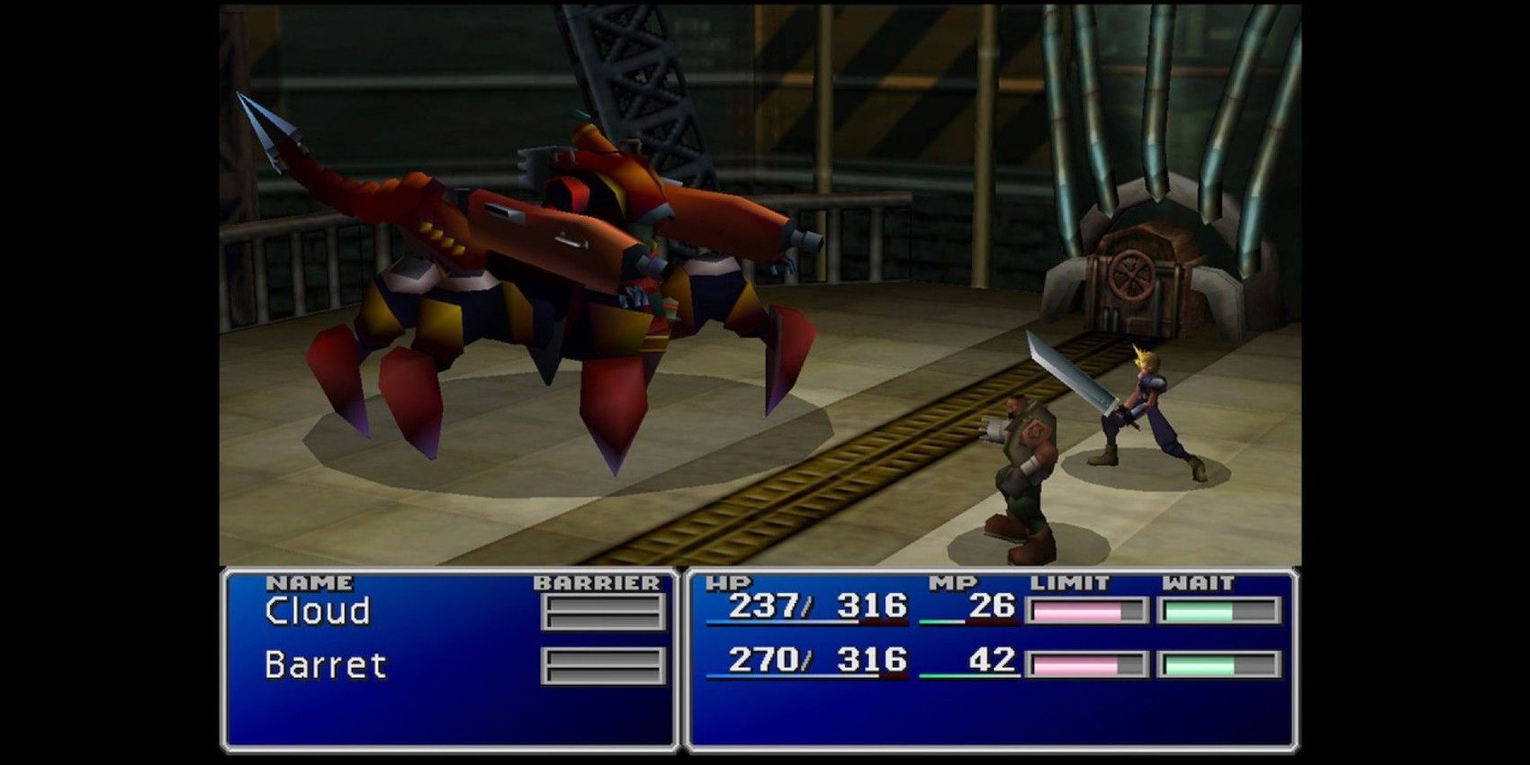 Cloud and Barret take on the Scorpion mech in Final Fantasy VII 