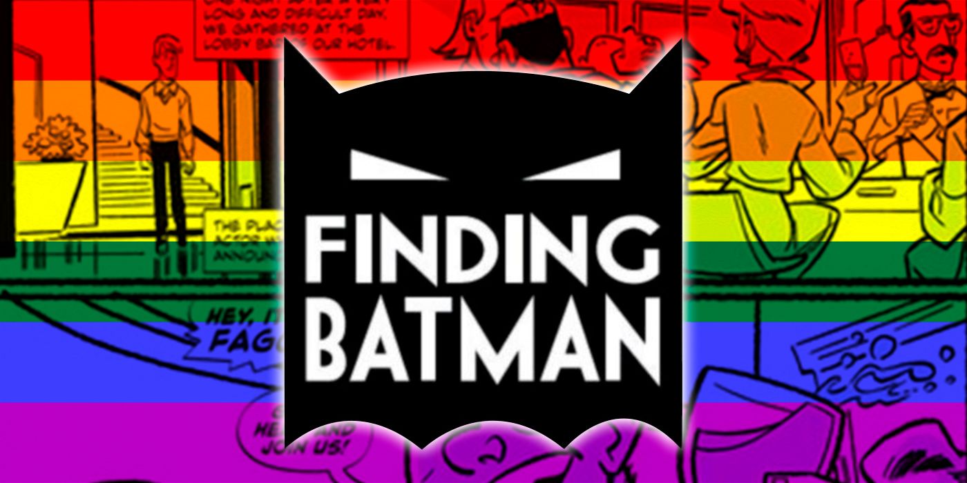 The Finding Batman logo over a pride flag