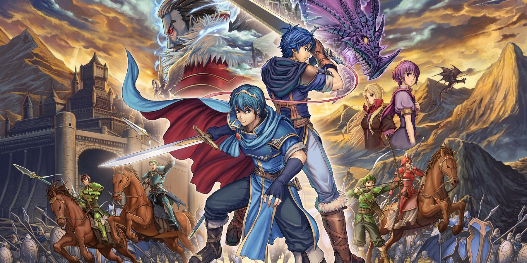 The lead heroes of Fire Emblem 12, with the villain in the background.