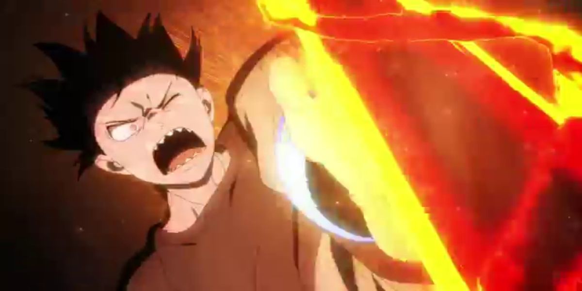Fire Force - Shinra attempts to kick away a fire arrow