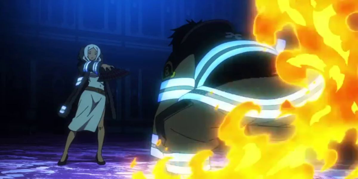 Fire Force - Shinra creates fire with his feet while Hibana points her hand-fan at him