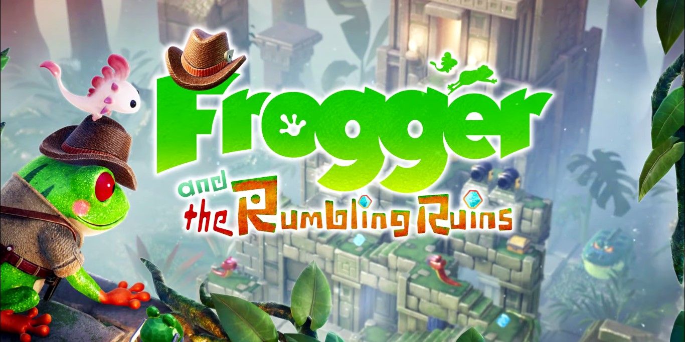 Screenshot depicting Frogger and Axol in Konami's promotional video for the upcoming Frogger and the Rumbling Ruins Apple Arcade exclusive.
