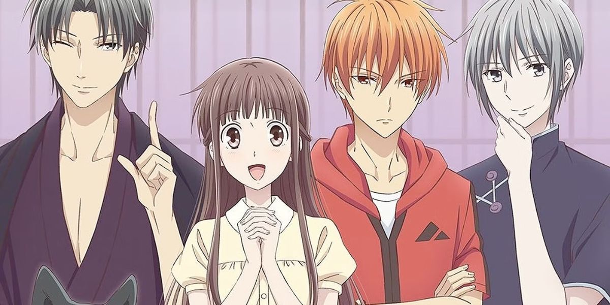 Image features a visual from Fruits Basket: (From left to right) Shigure Sohma (short, black hair and dark purple kimono) is winking, Tohru Honda (long, brown hair and yellow dress) is holding her hands together, Kyo Sohma (short, orange hair and red shirt) has his arms crossed over his chest, and Yuki Sohma (medium-length, silver hair and dark blue-purple shirt) has a hand on his chin.